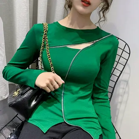 性感镂空气质女装时尚个性不规则T恤女长袖春秋设计感洋气上衣潮商品大图