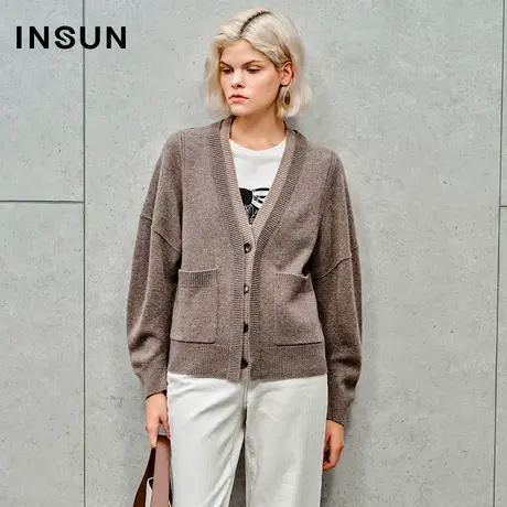 INSUN恩裳线上专选秋季撞色拼接羊毛羊绒针织开衫商品大图