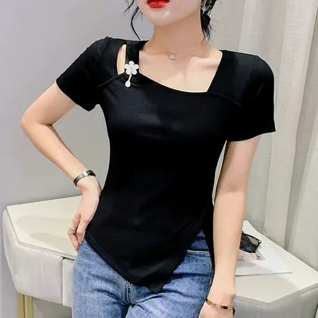 设计感女装时尚不规则开叉T恤女短袖修身性感小衫百搭洋气上衣夏商品大图