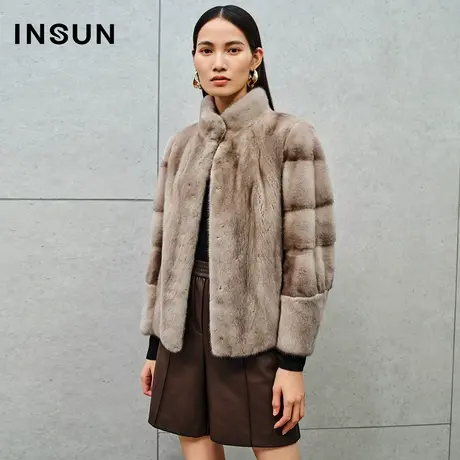 INSUN恩裳奥莱2023冬季浅咖色貂皮大衣水貂毛商品大图