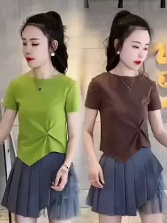 不规则斜边褶皱显瘦短款T恤女夏短款糖果色打底小衫内外穿搭上衣图片
