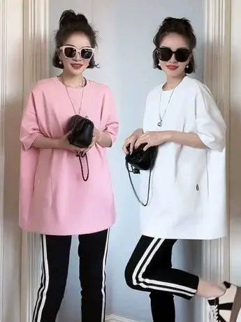 欧洲站2025夏季新款中长款圆领纯色短袖T恤百搭宽松显瘦上身半袖商品大图