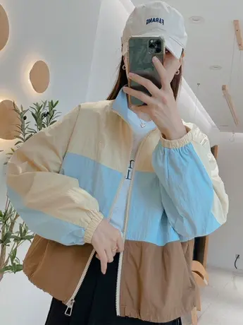 慵懒风拼接撞色立领夹克外套女2023春秋薄款百搭防风防晒开衫上衣商品大图