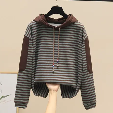 休闲宽松撞色拼接条纹连帽卫衣女2023年秋季新款长袖显瘦内搭外穿图片