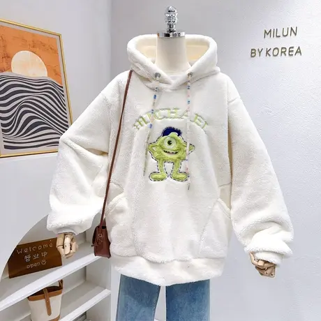 韩代款奶fufu秋冬毛毛外套ins洋气童趣连帽加羊羔绒卫衣欧货大码图片