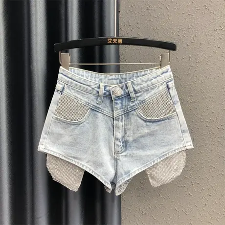 辣妹高腰显瘦热裤2023夏季新款露口袋烫钻设计感阔腿牛仔超短裤女商品大图