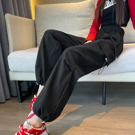 黑色美式工装裤女春秋2023新款高腰显瘦束脚哈伦休闲直筒阔腿裤子图片