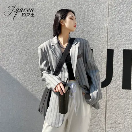 西装外套女春秋季新款港味复古条纹宽松上衣英伦风休闲小西服潮商品大图