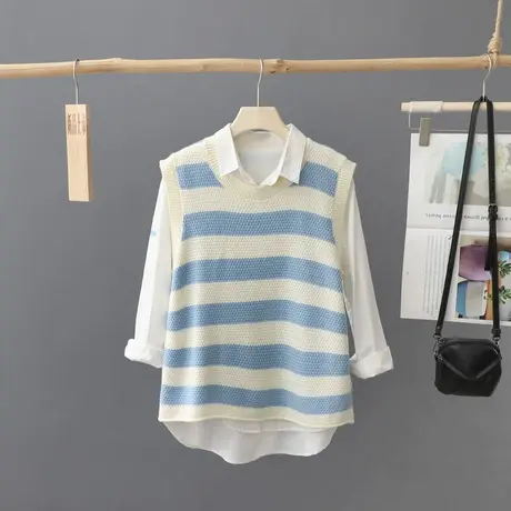 叠穿条纹针织马甲背心女2024秋装新款圆领宽松毛衣坎肩马夹外套潮图片