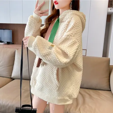 羊羔毛外套女秋冬韩版宽松大码加绒加厚设计感小众森系羊羔绒卫衣商品大图