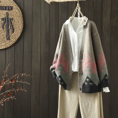 枫谜秋冬新款拼色提花针织毛衣开衫女韩版休闲百搭针织毛衣外套图片