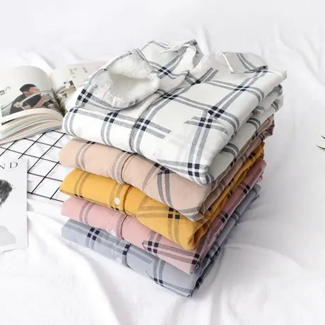 格子加绒衬衫女长袖保暖冬2019新款文艺加厚衬衣学生百搭宽松打底图片