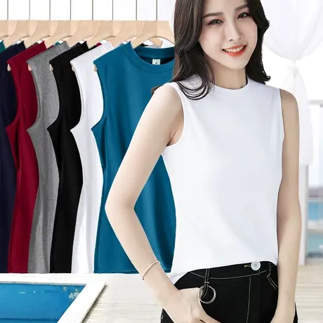 白色无袖t恤女夏季外穿坎肩大码小半高领打底衫内搭百搭紧身上衣图片