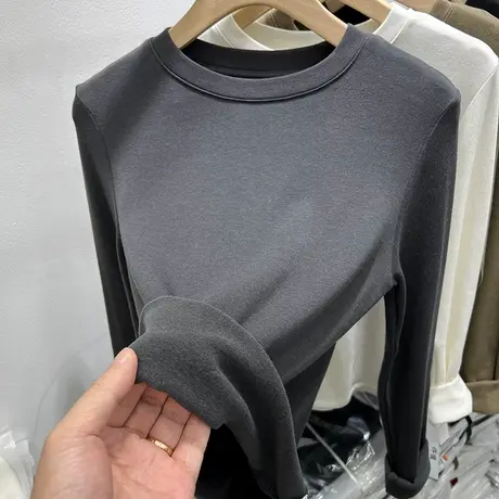 欧货加薄绒圆领长袖T恤女2023秋冬新款纯色修身内搭打底衫上衣厚商品大图