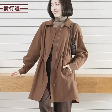 2025春季新款纯色宽松翻领拉链中长款抽绳风衣外套大码外穿女上衣商品大图
