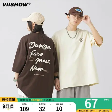 VIISHOW字母印花T恤男夏季潮牌纯棉情侣短袖小众美式休闲体恤上衣图片