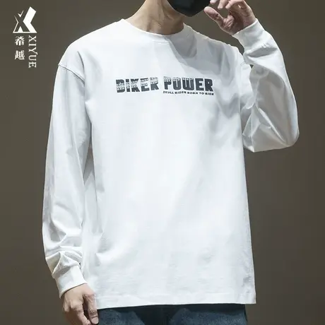 精梳全棉长袖白t恤男设计感字母印花春秋宽松大码男士内搭打底衫商品大图