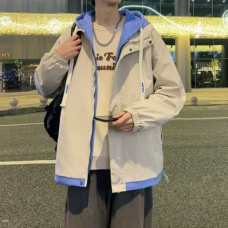 假两件大码连帽外套男士夹克秋冬季潮牌宽松卡其色春秋季青年衣服商品大图