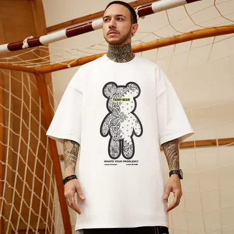 高街短袖t恤大码男装纯棉宽松白色夏季oversize美式上衣服ins潮牌商品大图