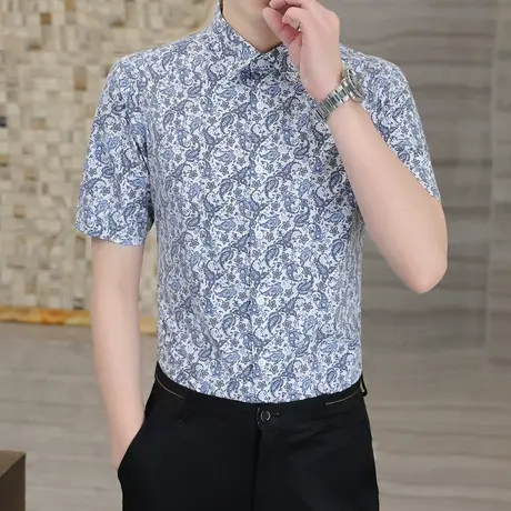 夏季印花短袖衬衫男痞帅花纹沙滩休闲薄纯棉衬衣潮流短袖修身寸衫商品大图