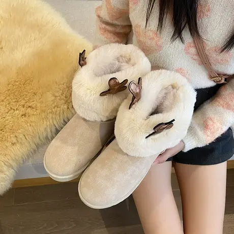 雪地靴女冬皮毛一体2024年新款日系可爱麋鹿角加绒加厚保暖棉鞋子图片