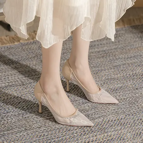 2024夏季新款法式蕾丝高跟鞋女细跟性感网纱透气尖头浅口百搭单鞋图片