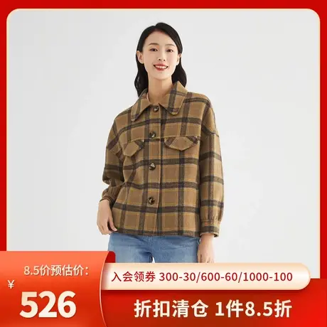 伊芙丽毛呢外套女秋冬新品长袖小个子格纹时尚短外套单排扣双面呢🎃图片