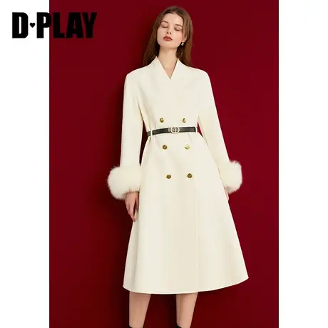 DPLAY冬季【黑标】白色羊毛羊绒混纺双面呢大衣狐狸毛大衣外套女商品大图