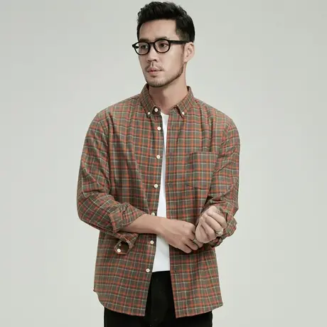 格慕施法兰绒衬衫男士长袖春秋季2023纯棉休闲寸衫格子衬衣外套男图片