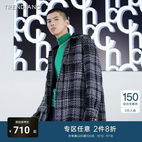 TRENDIANO潮牌春秋新款衬衣粗花呢假两件连帽格子衬衫男士上衣商品大图