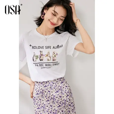 OSA欧莎白色小兔子印花正肩短袖T恤女夏季2023年新款显瘦体恤上衣图片