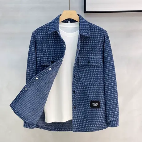 小香风轻奢潮牌提花牛仔长袖衬衫男日系休闲高级感蓝色衬衣男外套商品大图