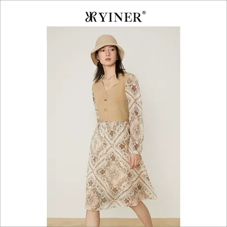 *YINER音儿女装2022春季新款复古印花拼接半开领连衣裙图片