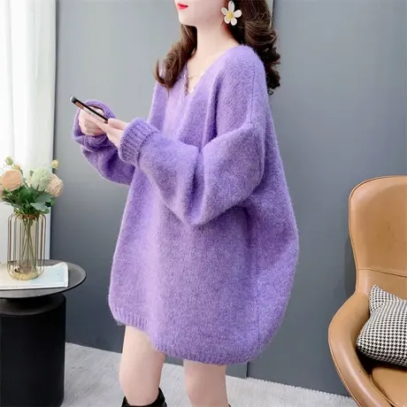 设计感链条V领毛衣女外穿2023新款秋冬宽松慵懒风软糯打底针织衫商品大图