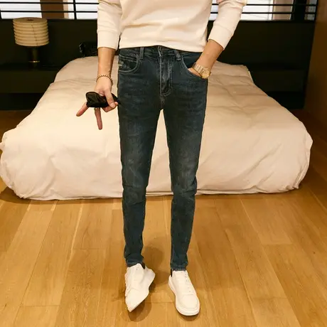 2023秋冬新款百搭刺绣牛仔裤男潮韩版修身小直角裤青年猫须小脚裤商品大图