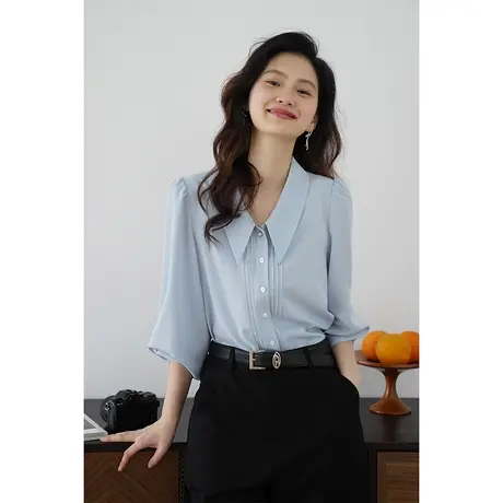 嘉茱莉2025新款法式复古衬衫外套女宽松翻领上衣小众蓝色衬衣外套商品大图