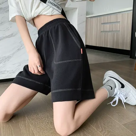 唐狮夏季休闲中裤女宽松运动短裤黑色高腰显瘦时尚五分裤卫裤图片