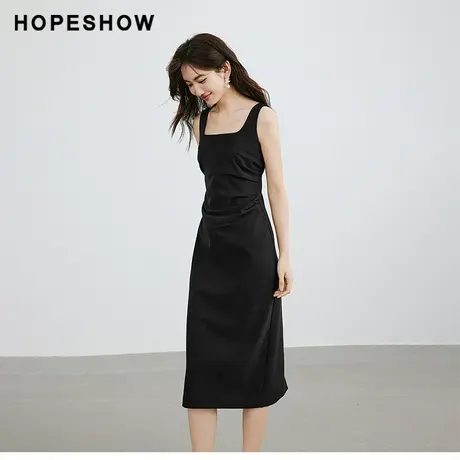 红袖压褶收腰开叉背心连衣裙hopeshow2024春季新款简约显瘦小黑裙图片