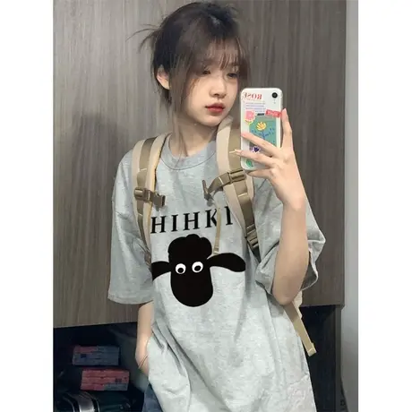 纯棉设计感小众短袖t恤女2023夏季宽松复古港味chic半袖上衣体恤商品大图