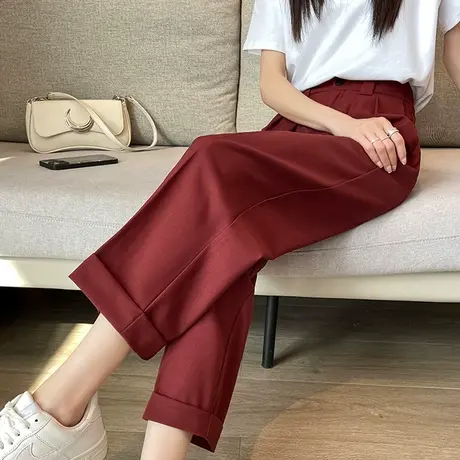 红色九分直筒西装裤女春秋新款高腰显瘦卷边八分休闲烟管哈伦裤子图片