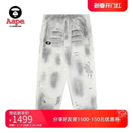 Aape旗舰店男装春夏猿颜刺绣水洗做旧潮流宽松休闲裤A682XBM图片