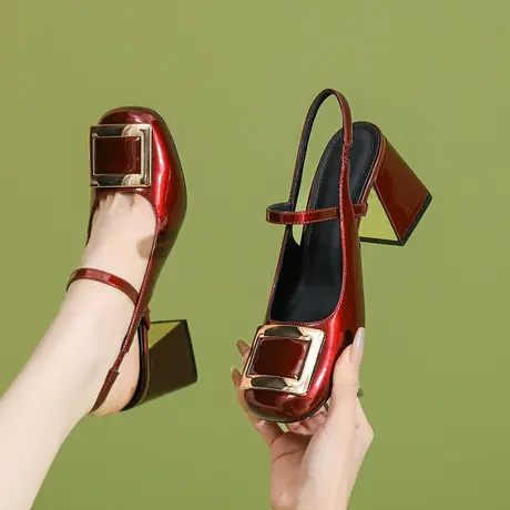 方头粗跟玛丽珍鞋女夏2024年新款方扣一字带通勤气质后空包头单鞋商品大图