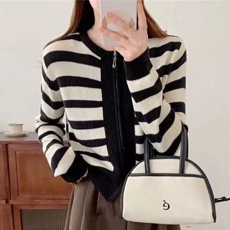 2024春装新款拉链条纹爆款针织开衫女叠穿毛衣外套春秋季洋气外穿商品大图