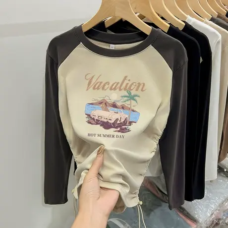 2024年早春新款美式甜辣长袖t恤女圆领短款抽绳设计感超火上衣秋图片