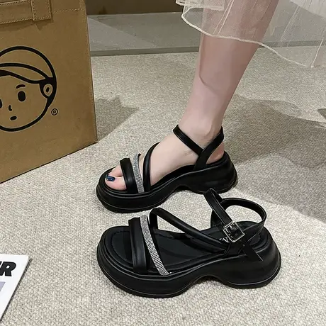 法式粗跟露趾凉鞋女2024春夏季新款时尚透气罗马鞋厚底百搭沙滩鞋商品大图