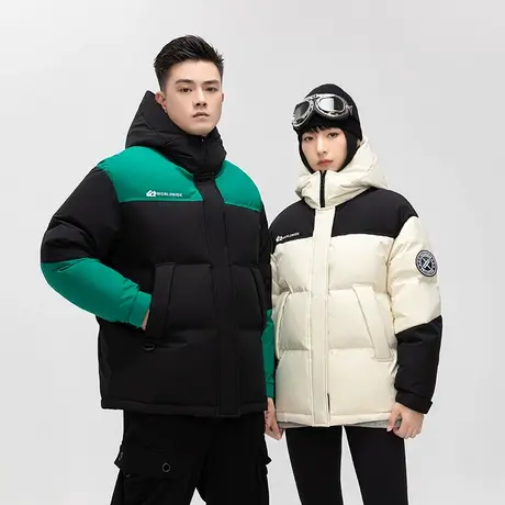 雪中飞羽绒服男女2023新款冬季短款连帽情侣加厚潮流时尚拼色外套图片