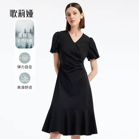 歌莉娅夏季针织收褶V领黑色连衣裙气质通勤显瘦小黑裙女1B5C4H410商品大图