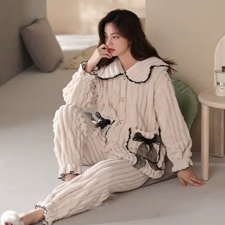 婷美春秋睡衣女珊瑚绒长袖开衫高档简约纯色可爱家居服秋季两件套商品大图