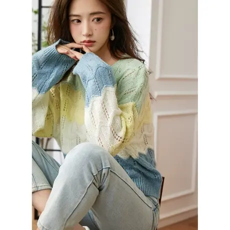 时尚气质长袖毛衣2023年秋季新款淑女温柔V领宽松显瘦通勤上衣图片