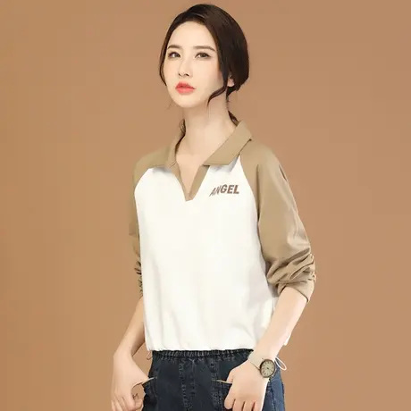 韩潮袭人POLO领字母印花短款卫衣女2023秋季新款宽松休闲T恤上衣商品大图